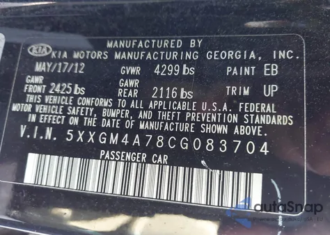 2012 Kia Optima Lx from USA, damaged, VIN 5XXGM4A78CG083704